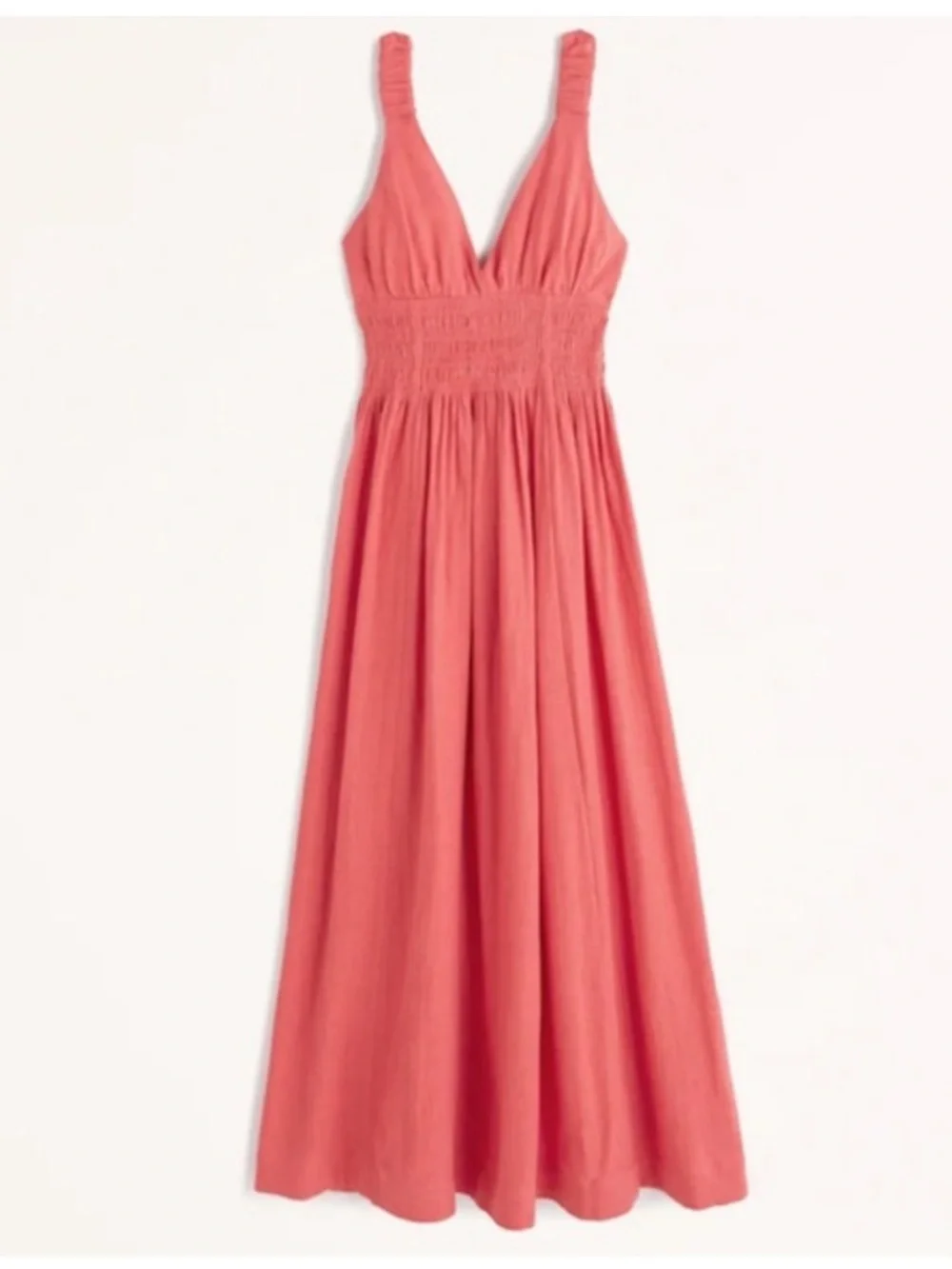NWT Abercrombie Boho Summer Coral Smocked Linen Scrunchie Strap Maxi Dress XS